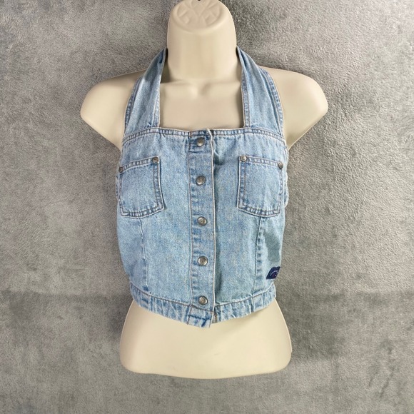 Vintage Y2k Unionbay Denim Halter Top Medium Button Front Smocked Festival Indie - Picture 1 of 6
